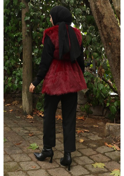 Kemerli Kürklü Yelek Bordo 19372 fırsatları