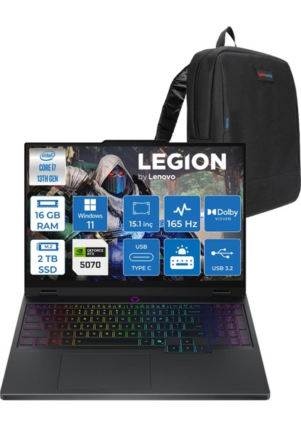 Legion 5 15IRX10 Intel Core I7 13650HX 16GB Ddr5 2tb SSD RTX5070 8gb Gddr7 115W Windows 11 Pro 15.1" Wqxga (2560X1600) OLED 1000NITS 165Hz Taşınabilir Bilgisayar W83LY00CJTRP03 + Zetta Çanta