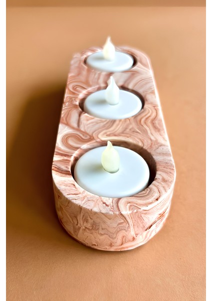 Kahverengi Mermer Desenli 3 Gözlü Beton Mumluk | Minimalist Tealight ve Dekoratif Şamdan