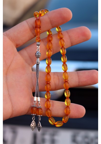 Sarı Arpa Kesim Gümüş Püsküllü Ateş Kehribar Tesbih 201024571 modelleri