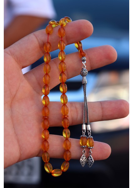 Sarı Arpa Kesim Gümüş Püsküllü Ateş Kehribar Tesbih 201024571 indirimleri