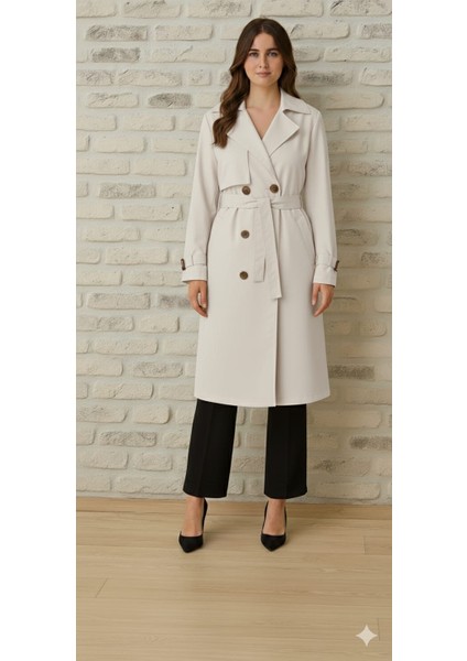 Bondit Kumaş Kuşaklı Düğmeli Cepli Kadın Trençkot fiyatları