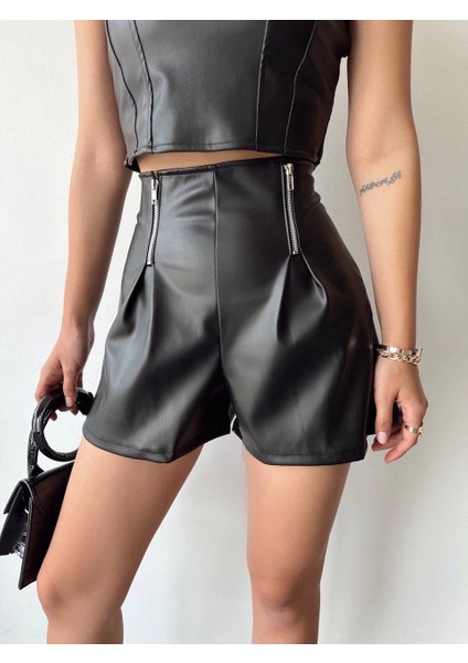 Çift Fermuarlı Deri Şort H24394