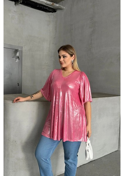 Büyük Beden V Yaka Kısa Kollu Parlak Görünümlü Bluz 303380 fiyatları