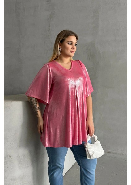 Büyük Beden V Yaka Kısa Kollu Parlak Görünümlü Bluz 303380 fırsatları