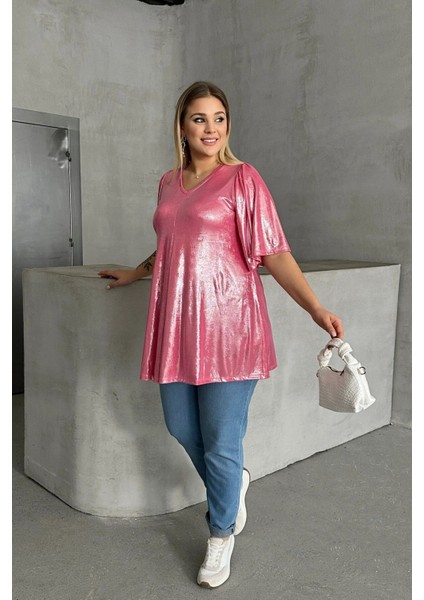 Büyük Beden V Yaka Kısa Kollu Parlak Görünümlü Bluz 303380 indirimleri