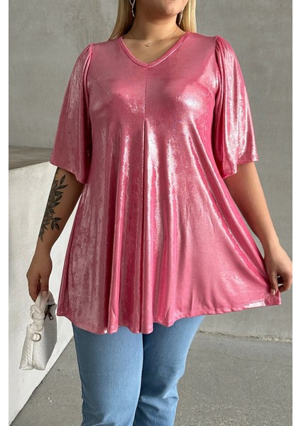 Büyük Beden V Yaka Kısa Kollu Parlak Görünümlü Bluz 303380