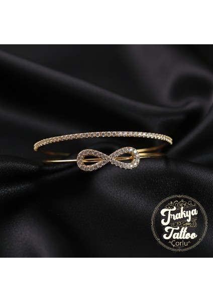 Zirkon Taşlı Su Yolu 2li Sonsuzluk Figürlü Kadın Çelik Kelepçe Bileklik Paslanmaz