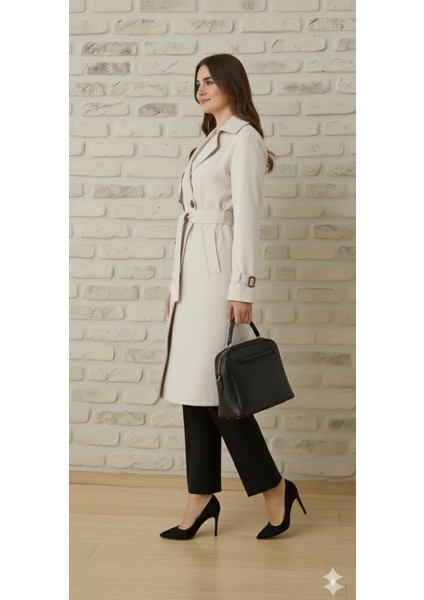 Bondit Kumaş Kuşaklı Düğmeli Cepli Kadın Trençkot fırsatları