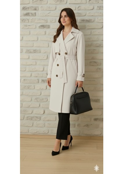 Bondit Kumaş Kuşaklı Düğmeli Cepli Kadın Trençkot indirimleri