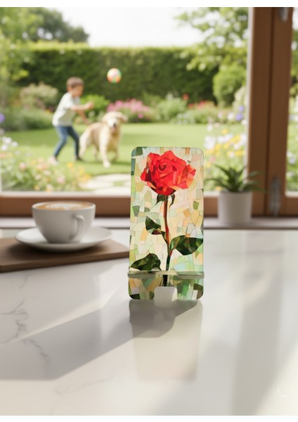 Pleksi Telefon Standı ve Telefon Tutucu Premium Mozaik Gül Epoksi Baskı Tasarım