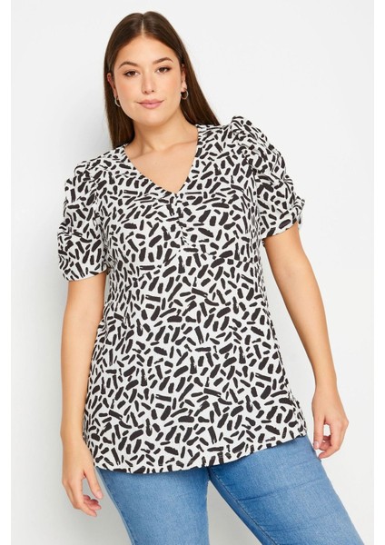 Büyük Beden V Yaka Kolları Drapeli Kısa Kollu Desenli Bluz 321725