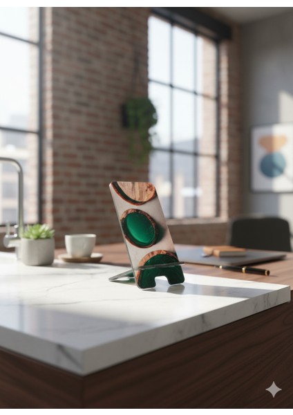 Pleksi Telefon Standı ve Telefon Tutucu Premium Yeşil Ahşap Epoksi Baskı Tasarım
