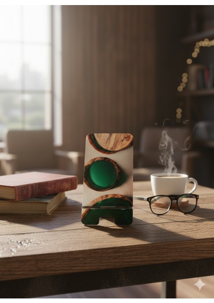 Pleksi Telefon Standı ve Telefon Tutucu Premium Yeşil Ahşap Epoksi Baskı Tasarım fırsatları