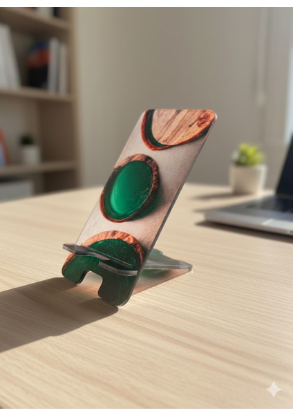 Pleksi Telefon Standı ve Telefon Tutucu Premium Yeşil Ahşap Epoksi Baskı Tasarım indirimleri
