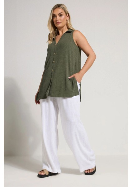 Büyük Beden V Yaka Sıfır Kol Önü Düğmeli Esnek Gömlek 322691