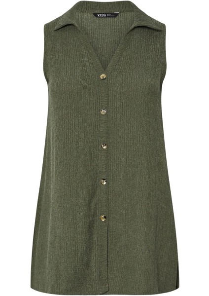 Büyük Beden V Yaka Sıfır Kol Önü Düğmeli Esnek Gömlek 322691