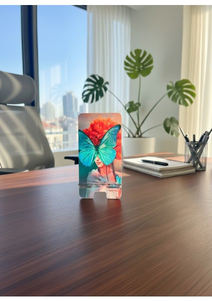 Pleksi Telefon Standı ve Telefon Tutucu Premium Kelebek Kadın Epoksi Baskı Tasarım