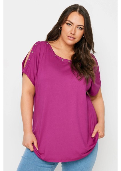 Büyük Beden Omuz Dekolteli Kuşgözü Detaylı Kısa Kollu Bluz 321772