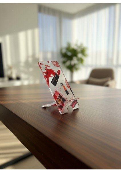 Pleksi Telefon Standı ve Telefon Tutucu Premium Beyaz Kozmetik Epoksi Baskı Tasarım