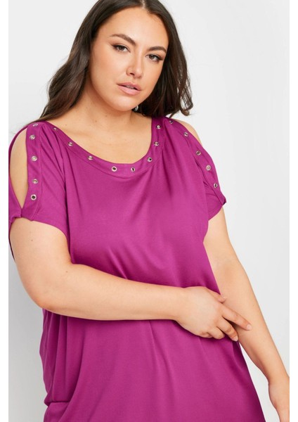 Büyük Beden Omuz Dekolteli Kuşgözü Detaylı Kısa Kollu Bluz 321772 fiyatları