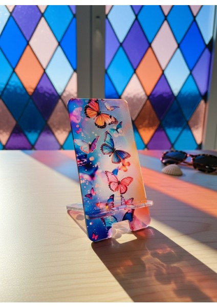 Pleksi Telefon Standı ve Telefon Tutucu Premium Kelebek Epoksi Baskı Tasarım