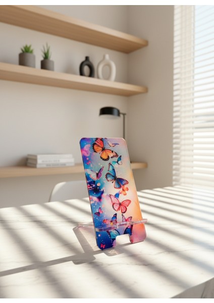 Pleksi Telefon Standı ve Telefon Tutucu Premium Kelebek Epoksi Baskı Tasarım