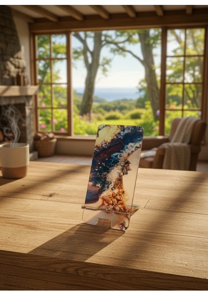 Pleksi Telefon Standı ve Telefon Tutucu Premium Siyah-Krem Kuvars Epoksi Baskı Tasarım