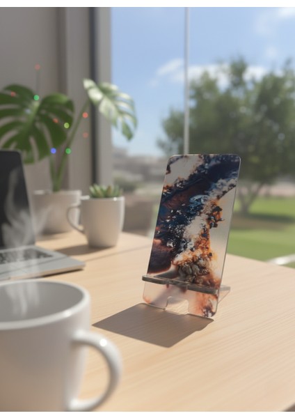 Pleksi Telefon Standı ve Telefon Tutucu Premium Siyah-Krem Kuvars Epoksi Baskı Tasarım modelleri
