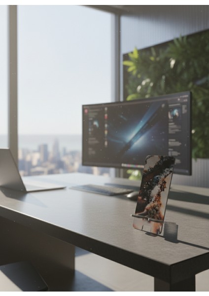 Pleksi Telefon Standı ve Telefon Tutucu Premium Siyah-Krem Kuvars Epoksi Baskı Tasarım indirimleri