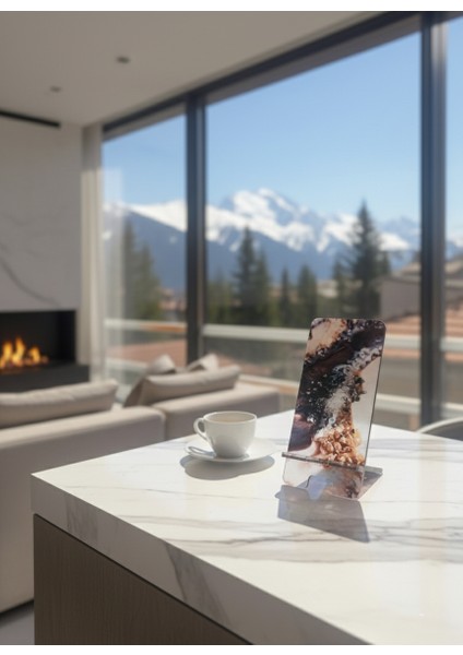 Pleksi Telefon Standı ve Telefon Tutucu Premium Siyah-Krem Kuvars Epoksi Baskı Tasarım