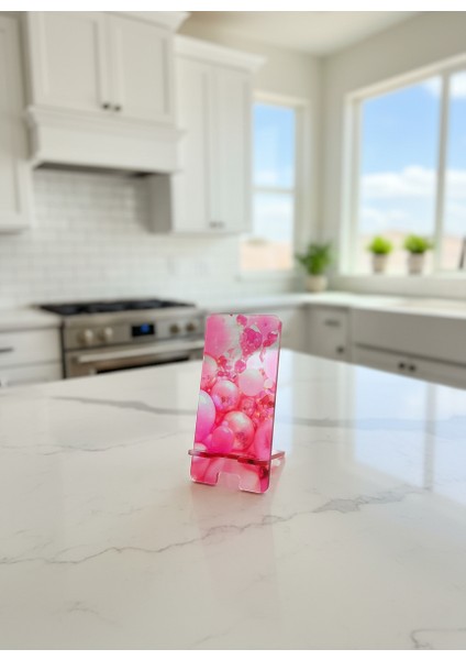 Pleksi Telefon Standı ve Telefon Tutucu Premium Pembe Balonlar Epoksi Baskı Tasarım