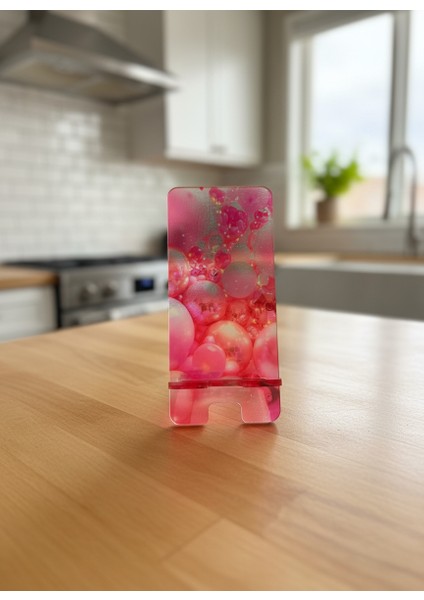 Pleksi Telefon Standı ve Telefon Tutucu Premium Pembe Balonlar Epoksi Baskı Tasarım