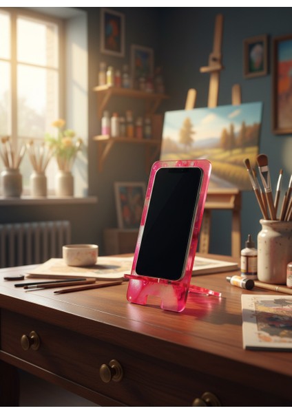 Pleksi Telefon Standı ve Telefon Tutucu Premium Pembe Balonlar Epoksi Baskı Tasarım