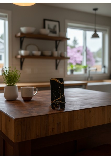 Pleksi Telefon Standı ve Telefon Tutucu Premium Siyah Gold Mermer Epoksi Baskı Tasarım fiyatları