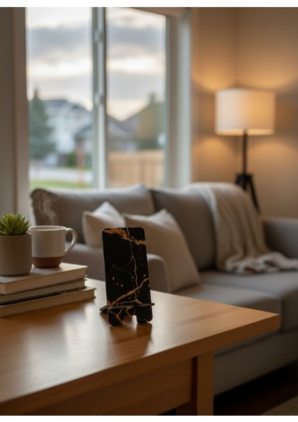 Pleksi Telefon Standı ve Telefon Tutucu Premium Siyah Gold Mermer Epoksi Baskı Tasarım modelleri