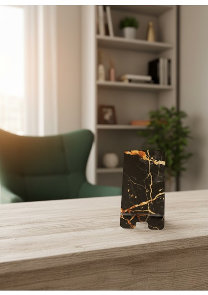 Pleksi Telefon Standı ve Telefon Tutucu Premium Siyah Gold Mermer Epoksi Baskı Tasarım indirimleri