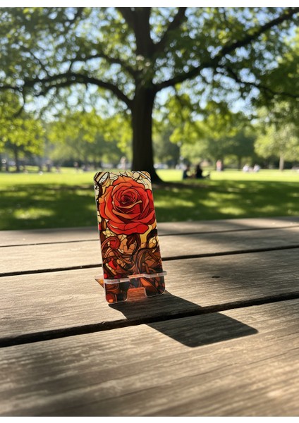 Pleksi Telefon Standı ve Telefon Tutucu Premium Kırmızı Gül Epoksi Baskı Tasarım