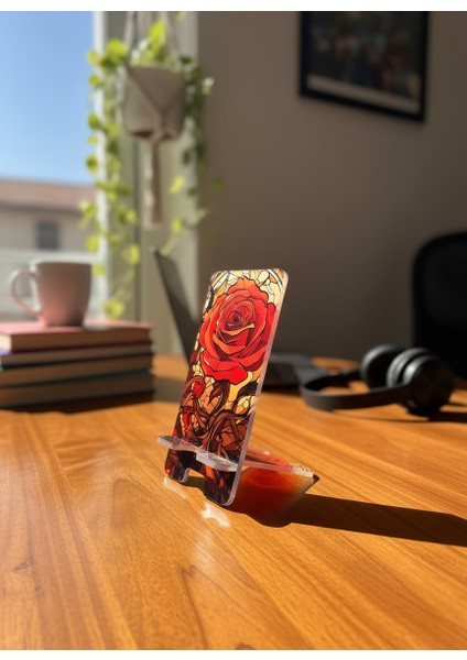 Pleksi Telefon Standı ve Telefon Tutucu Premium Kırmızı Gül Epoksi Baskı Tasarım modelleri