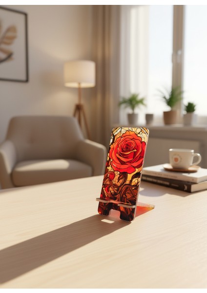 Pleksi Telefon Standı ve Telefon Tutucu Premium Kırmızı Gül Epoksi Baskı Tasarım indirimleri