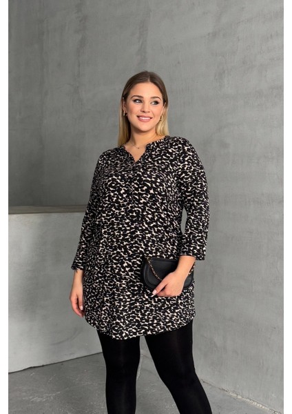 Büyük Beden Gömlek Yaka Yarım Kollu Desenli Esnek Bluz 322268