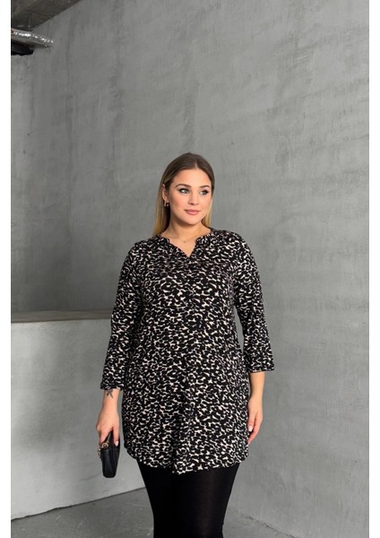 Büyük Beden Gömlek Yaka Yarım Kollu Desenli Esnek Bluz 322268 fırsatları
