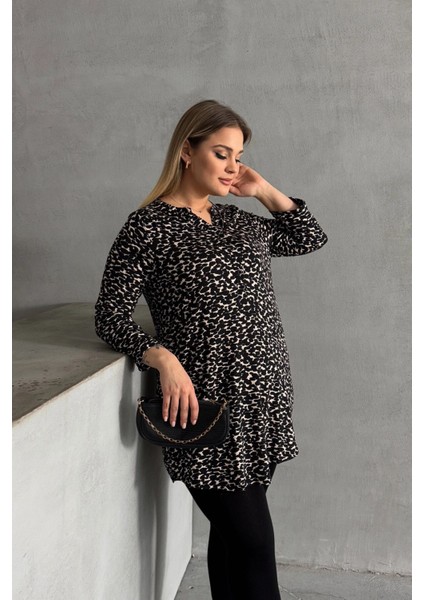 Büyük Beden Gömlek Yaka Yarım Kollu Desenli Esnek Bluz 322268