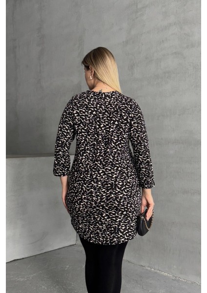 Büyük Beden Gömlek Yaka Yarım Kollu Desenli Esnek Bluz 322268