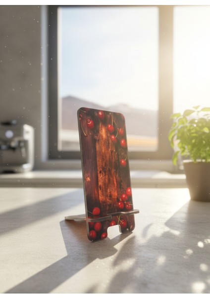 Pleksi Telefon Standı ve Telefon Tutucu Premium Ağaç Kiraz Epoksi Baskı Tasarım