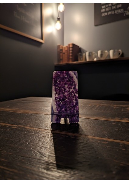 Pleksi Telefon Standı ve Telefon Tutucu Premium Mor Kuvars Taşı Epoksi Baskı Tasarım