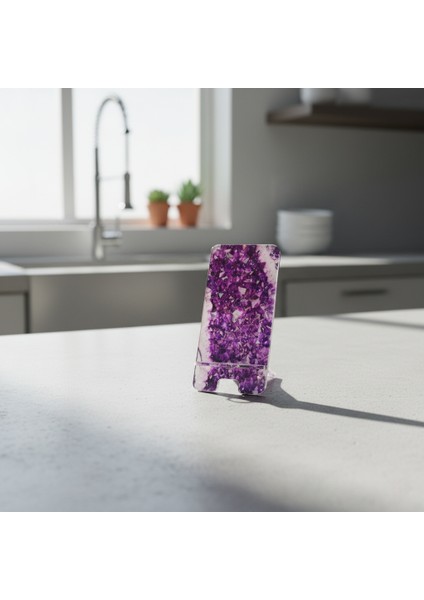 Pleksi Telefon Standı ve Telefon Tutucu Premium Mor Kuvars Taşı Epoksi Baskı Tasarım