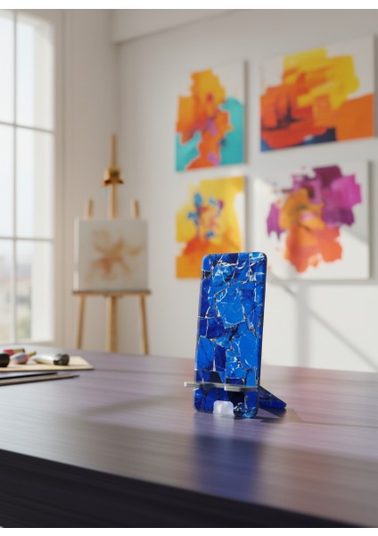 Pleksi Telefon Standı ve Telefon Tutucu Premium Gece Mavisi Taş Epoksi Baskı Tasarım