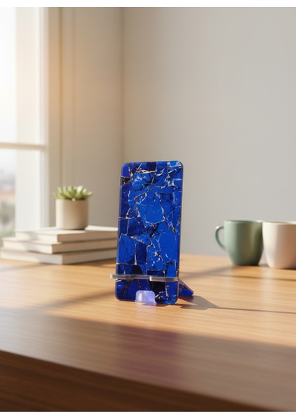 Pleksi Telefon Standı ve Telefon Tutucu Premium Gece Mavisi Taş Epoksi Baskı Tasarım