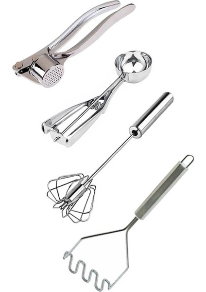 Paslanmaz Çelik Sarımsak Ezici, Dondurma Kaşığı, Çırpıcı ve Patates Ezici